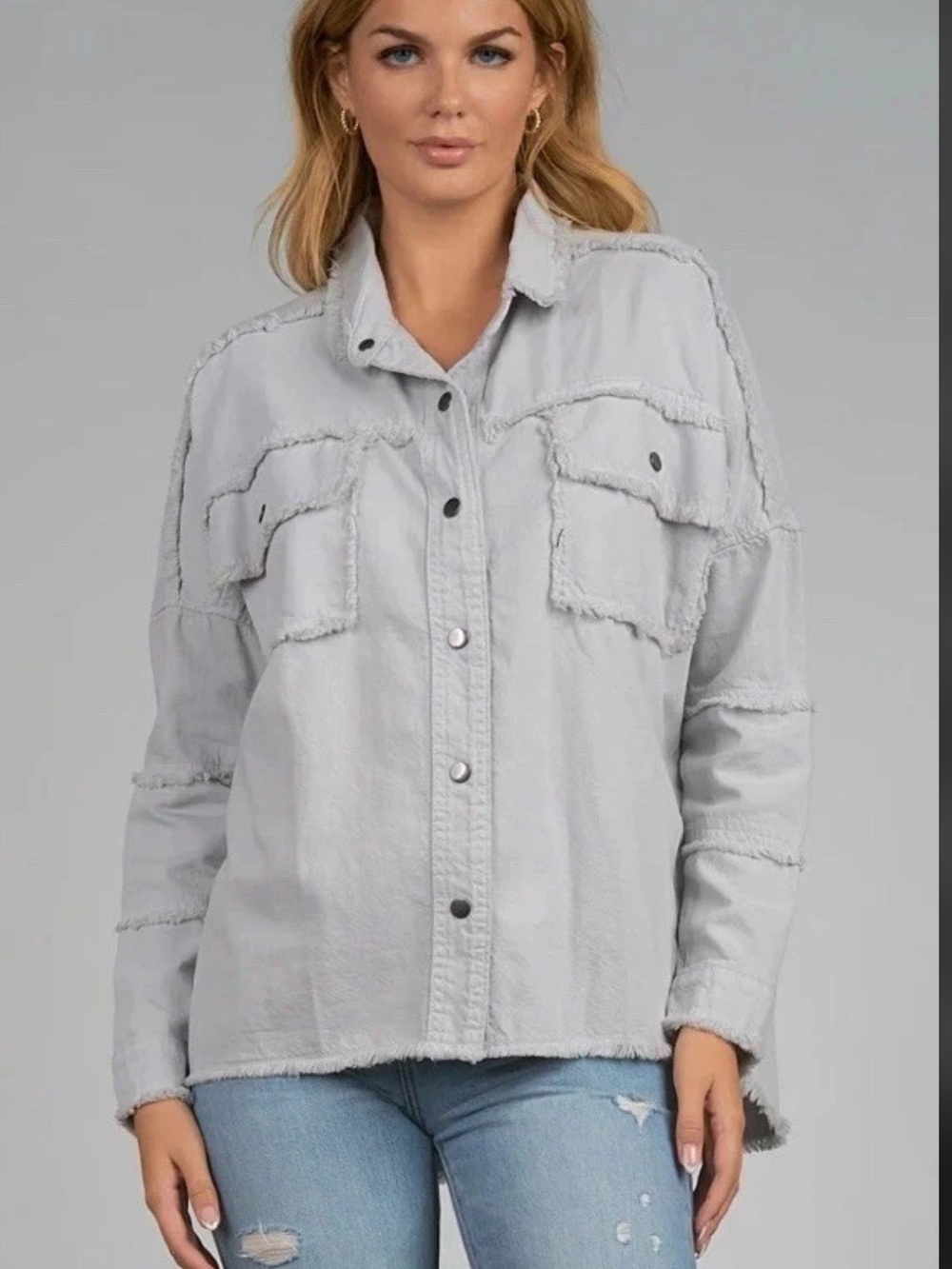 ELAN “Rock & Roll” Gray Distressed Cotton Denim-Like Snap Up Oversized Jacket XS - Picture 2 of 13